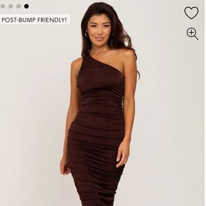 One shoulder, ruched, midi length maternity dress